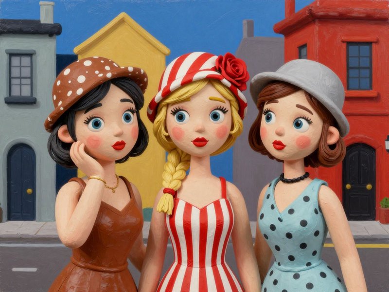 Handmade clay illustration of three stylish retro women in hats standing on a bright colorful residential town street.