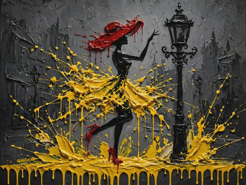 Impasto painting of a silhouetted woman with red hat, yellow splatter dress, reaching for a vintage street lamp against