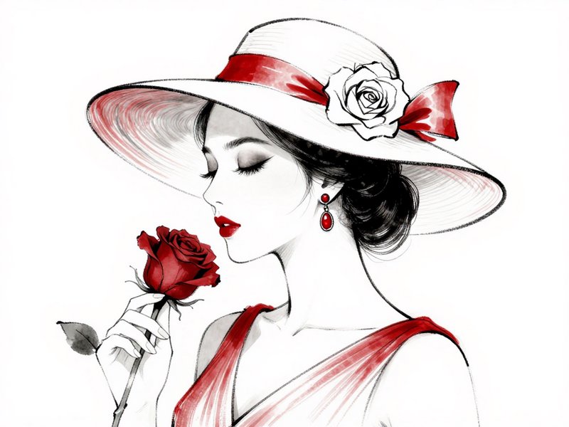 Elegant ink illustration of a woman in a wide brim hat holding a red rose, with bold red accent details.