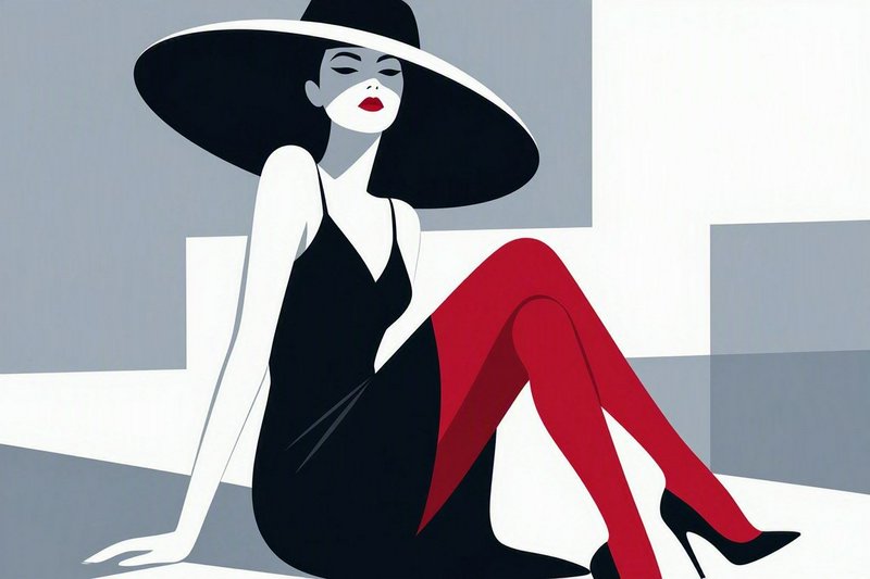 Minimalist flat fashion illustration of elegant seated woman wearing a wide black hat, black dress, and bright red tights
