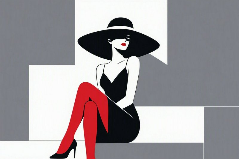 Stylized minimalist illustration of an elegant seated woman in a wide black hat, black dress, and bright red tights