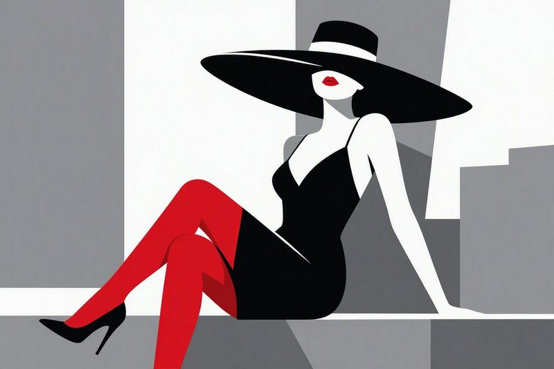 Minimalist fashion illustration of elegant seated woman in wide black hat, little black dress and bright red tights