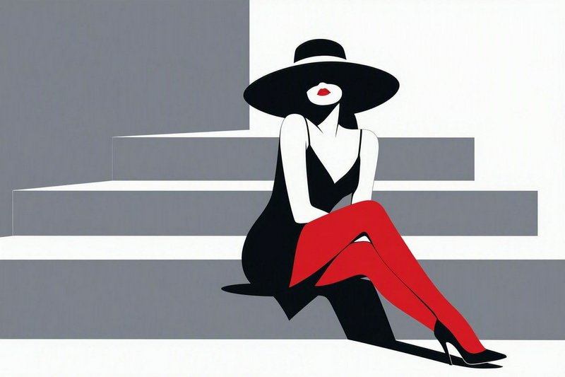 Minimalist fashion illustration of an elegant woman in a wide black hat and red tights seated on geometric stairs