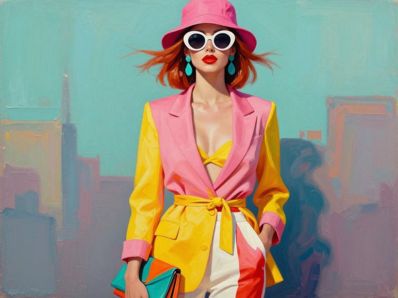 [Oil painting of a stylish red-haired woman in a pink bucket hat, retro sunglasses, and bold colorful outfit against a pas...
