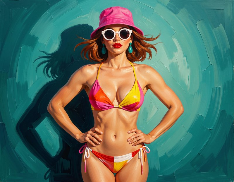 Bold oil portrait of a confident woman in a colorful bikini, pink bucket hat, and sunglasses standing with hands on hips a...