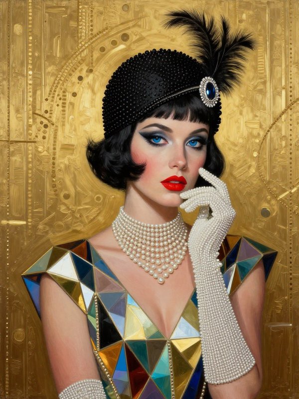 [Art deco portrait of an elegant 1920s flapper in a beaded feathered cloche hat, against a textured gilded golden Klimt-st...