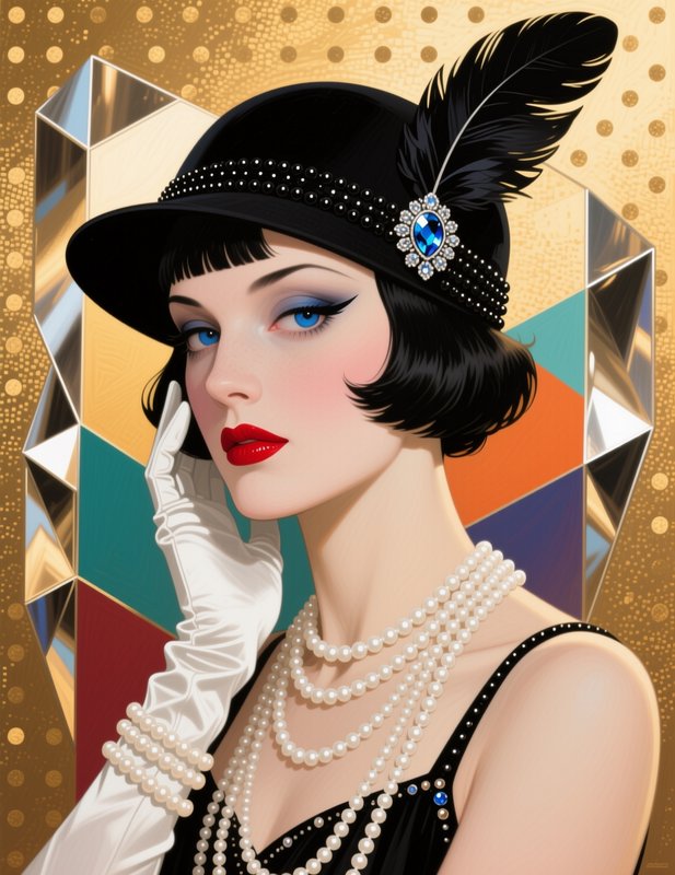 Stylized Art Deco portrait of a 1920s flapper woman in a feathered cloche hat against a geometric gold background