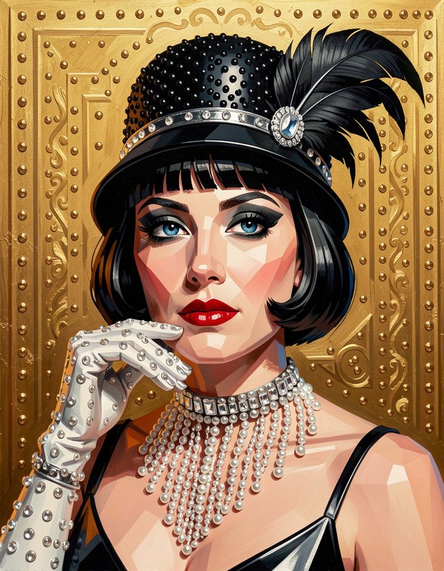 [Stylized geometric portrait of a glamorous 1920s flapper in a feathered cloche hat against a gilded art deco backdrop.]