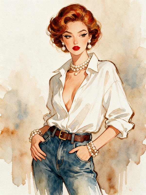 [Watercolor illustration of stylish retro woman with auburn curly hair, pearl jewelry, casual chic outfit, hands in jeans ...