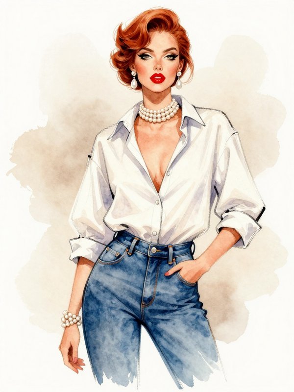 [Watercolor fashion illustration of a glamorous red-haired woman in casual chic outfit with pearl jewelry]
