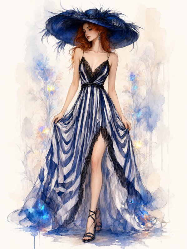 Watercolor illustration of elegant red-haired woman in feathered navy hat and flowing striped formal evening gown
