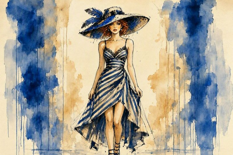 [Watercolor fashion sketch of elegant red-haired woman in striped dress and wide feathered blue hat]