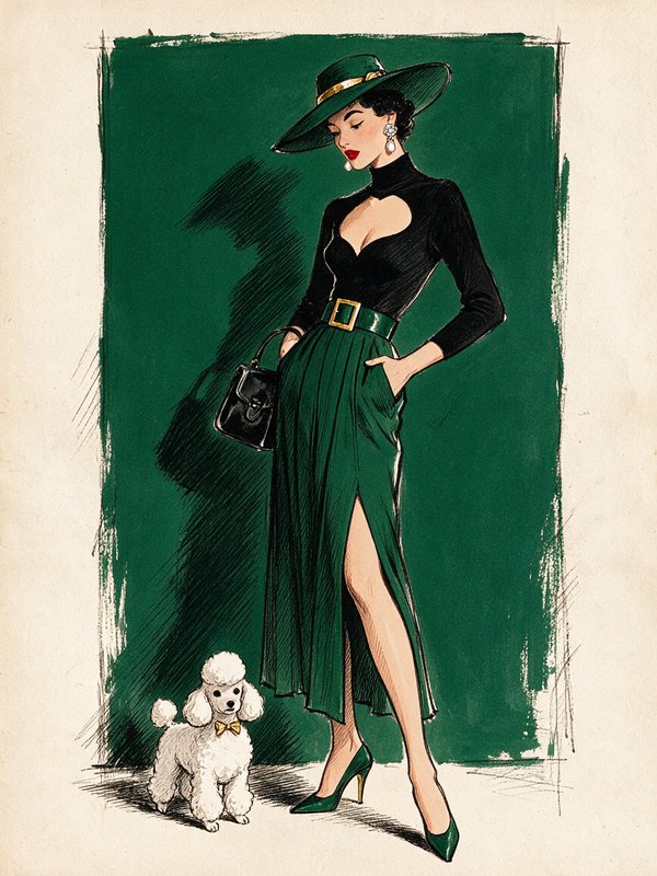 [Vintage 1950s fashion illustration of elegant woman in a green wide-brim hat standing with a fluffy white poodle]