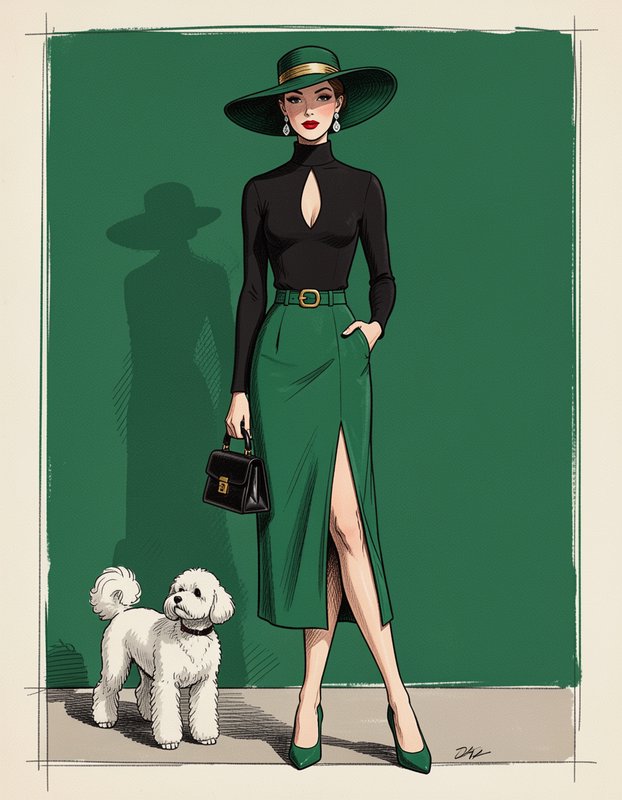 Retro fashion illustration of an elegant woman in green formal wear standing beside a fluffy white poodle.