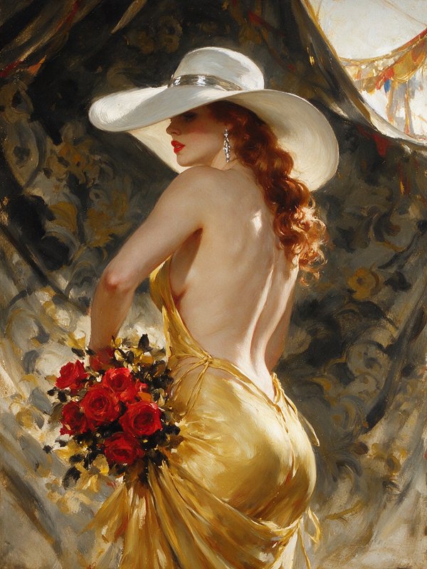 [Oil portrait of elegant red-haired woman in wide white hat and backless gold gown holding a red rose bouquet]