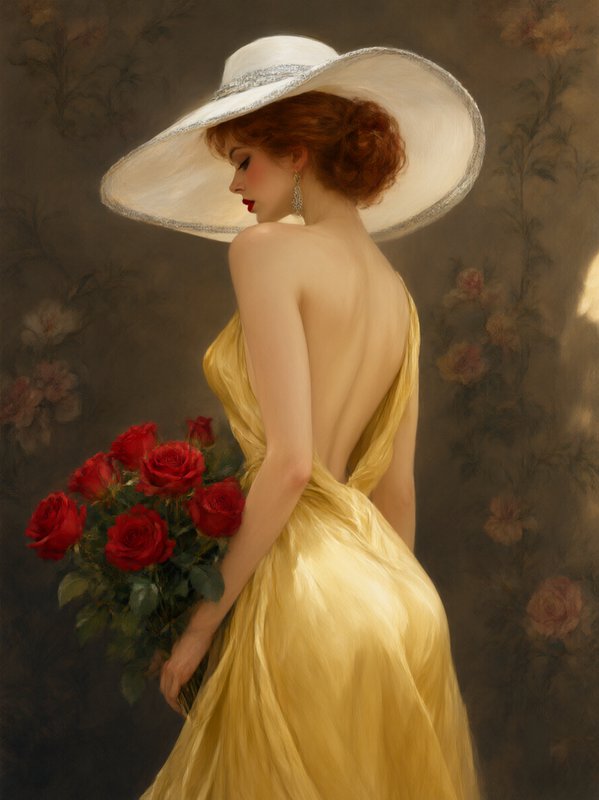 [Elegant red-haired woman in a wide white hat and backless gold gown holds a red rose bouquet, vintage fine art portrait]
