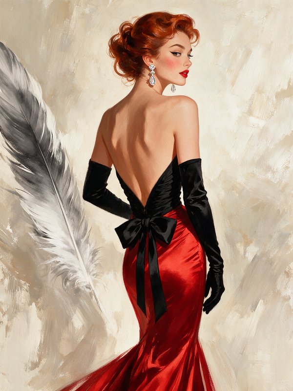 [Vintage portrait of elegant red-haired woman in a backless red evening gown looking over her shoulder beside a large feat...