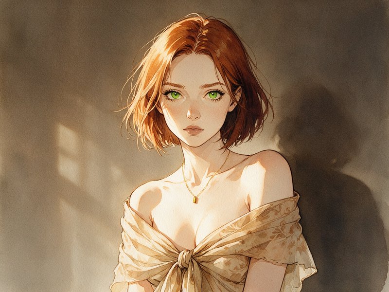 [Watercolor portrait of a young woman with short red hair, bright green eyes, lit by soft warm window light]