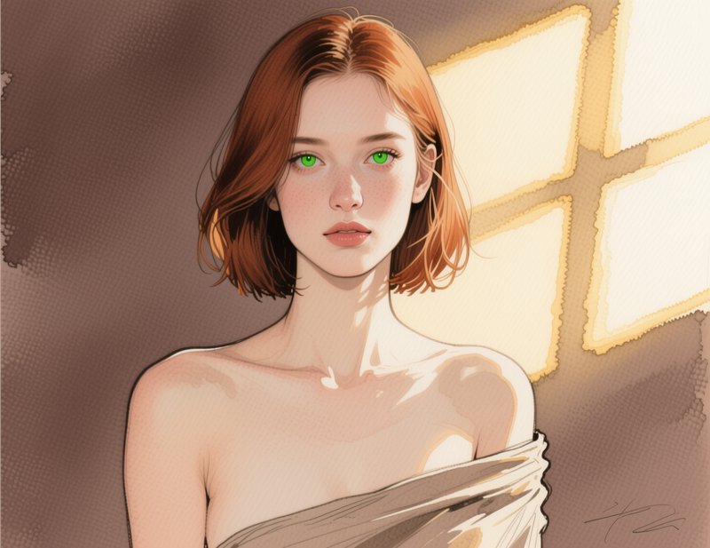 Digital portrait of a freckled young woman with short auburn hair and bright green eyes, lit by soft golden window light.