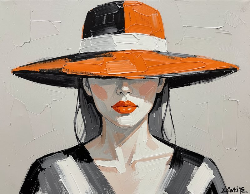 [Thick impasto oil portrait of a chic woman wearing a split black and orange wide-brimmed hat against a pale neutral backg...