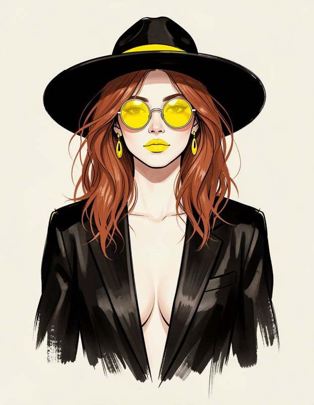 Fashion illustration of a stylish red-haired woman wearing a black fedora, yellow round sunglasses, and open black blazer.