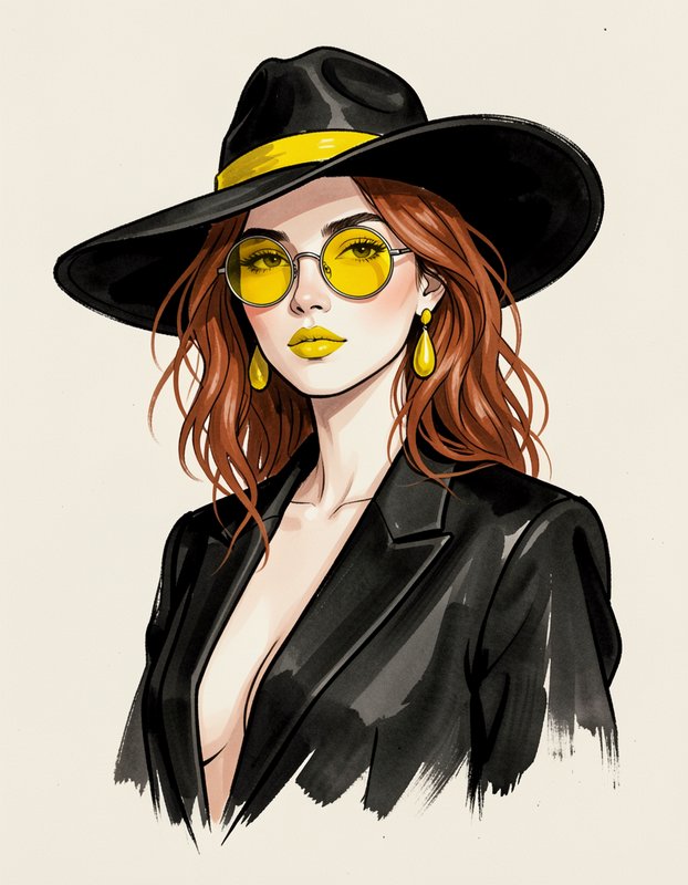 [Fashion illustration of stylish red-haired woman wearing a black wide brim hat and coordinating yellow accent accessories]