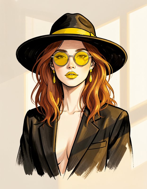 Stylish illustrated portrait of a red-haired woman in a black fedora, yellow round sunglasses, and black blazer.