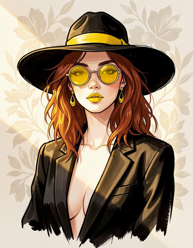 Illustrated portrait of stylish red-haired woman wearing a black fedora, yellow round sunglasses, and black blazer.