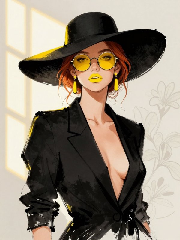 [Stylish illustrated redhead woman in black wide brim hat, yellow tinted sunglasses, matching yellow accessories, and tail...
