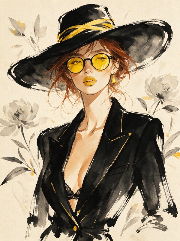 Fashion illustration of elegant red-haired woman in wide black hat, yellow glasses, and tailored blazer against floral bac...