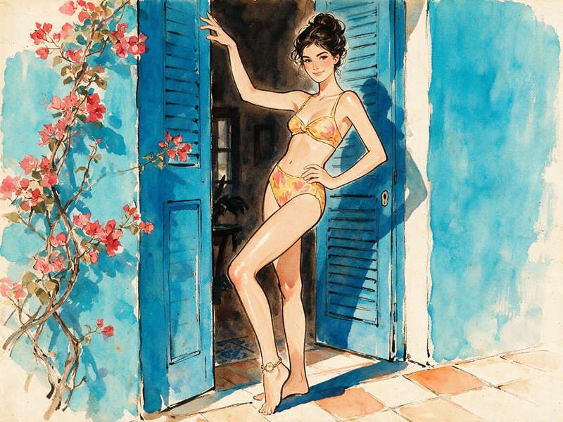 [Watercolor illustration of woman in floral bikini posing in bright blue doorway beside pink bougainvillea]