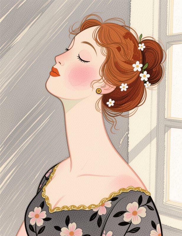 Illustrated portrait of a serene red-haired woman with flowers in her updo, eyes closed, tilting her face toward sunlight ...