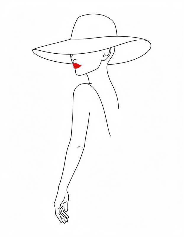 Minimalist continuous line art of an elegant woman in a wide brim hat, accented with bold bright red lipstick.