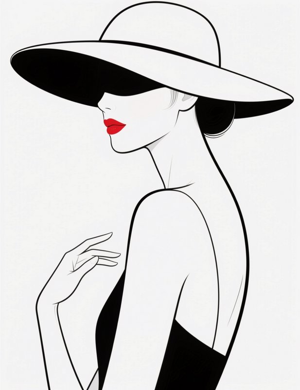 [Minimalist line art portrait of an elegant woman in a wide brim hat, featuring bold bright red lipstick in profile view]