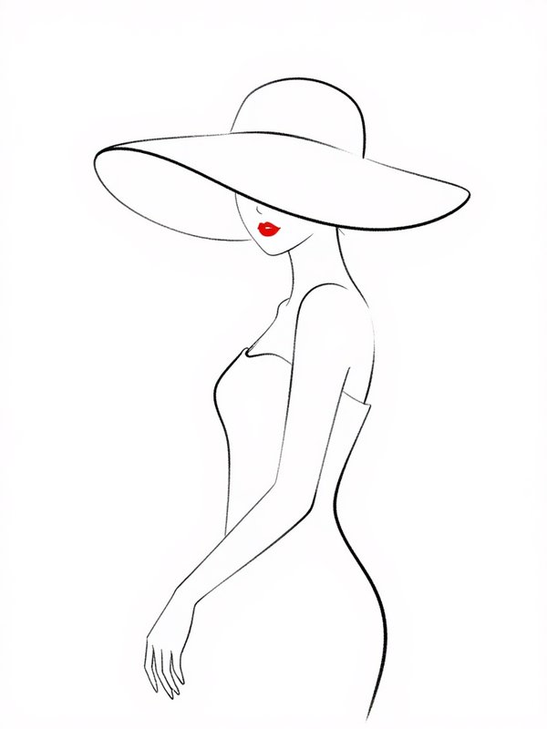 Minimal line art illustration of elegant woman wearing wide brim hat, accented with bold red lipstick against a plain whit...