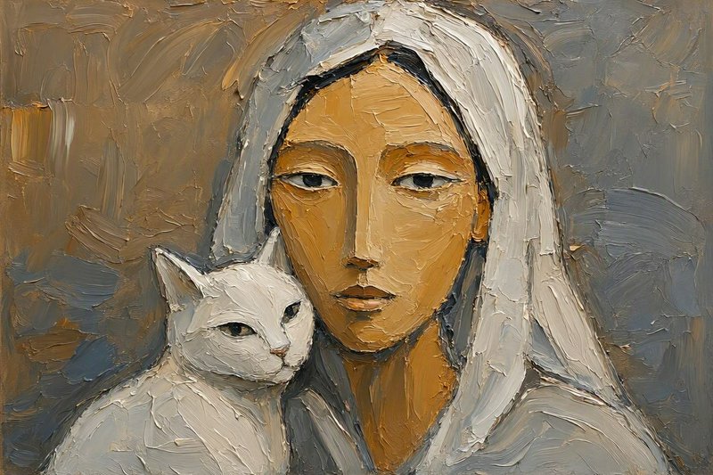 Impasto oil portrait of an introspective hooded woman seated next to a calm white domestic cat, warm muted earth tone pale...