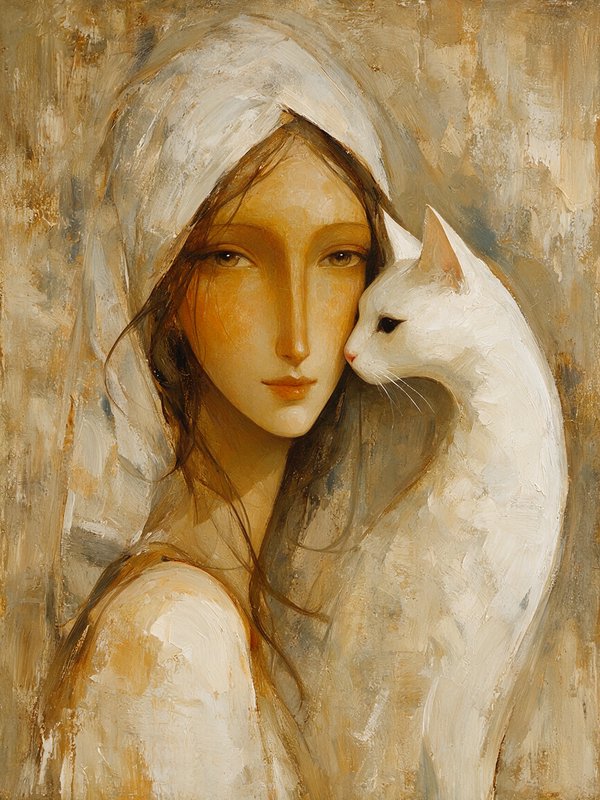 [Textured oil portrait of a serene veiled woman with a gentle white cat nuzzling her cheek, warm earthy palette]