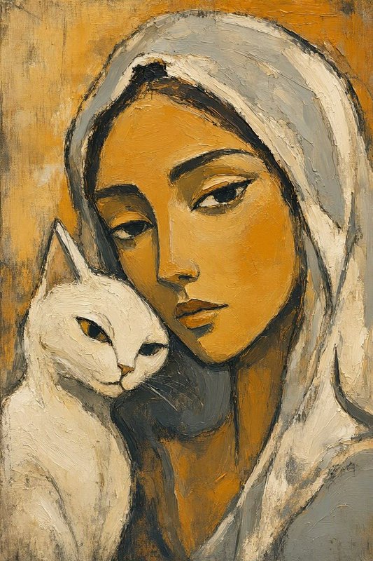 [Impasto oil portrait of a serene woman in a headscarf resting near her white cat, against a warm ochre painted background]