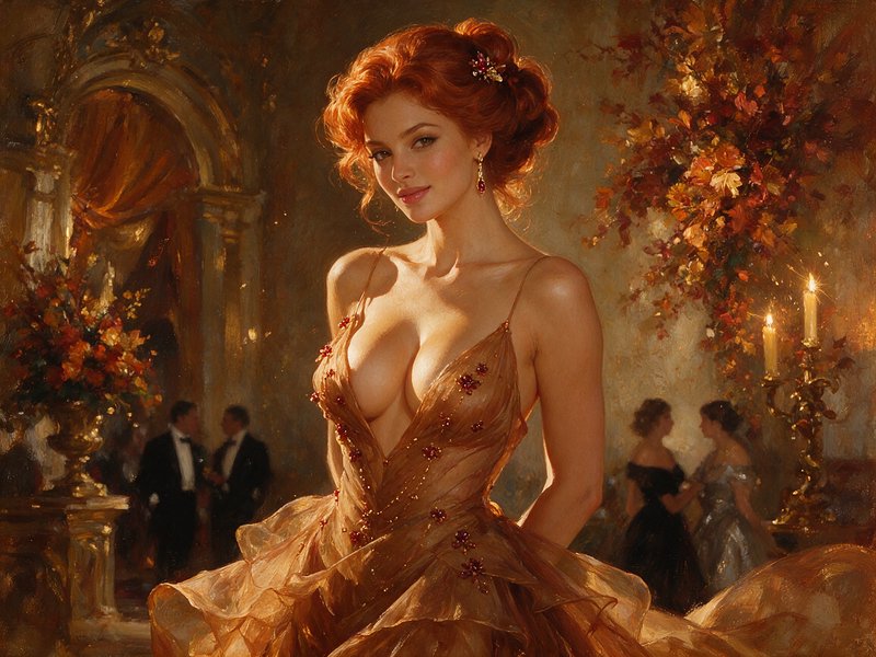 [Impressionist oil portrait of a red-haired woman in a golden ballgown, posing in a warm candlelit vintage formal ballroom]