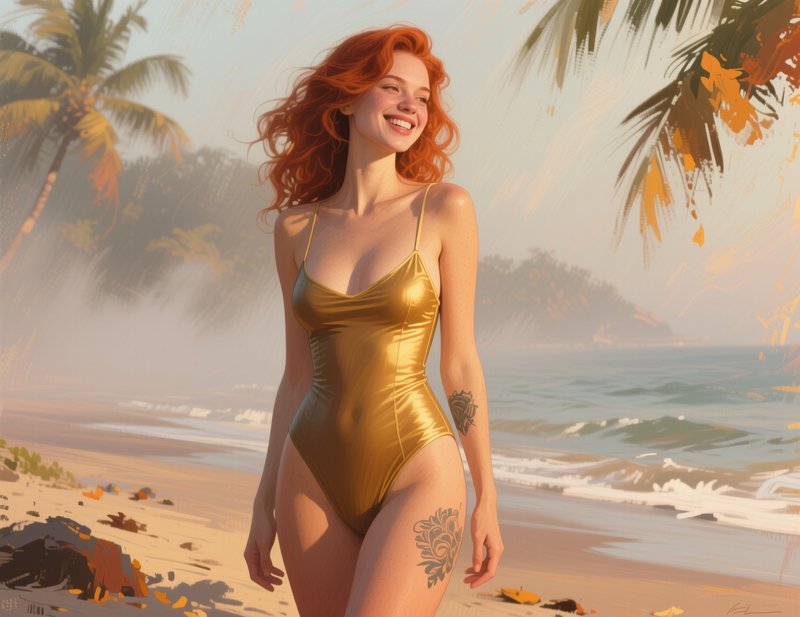 [Smiling red-haired woman in a shiny gold swimsuit walks along a sunlit tropical palm-lined beach at golden hour]