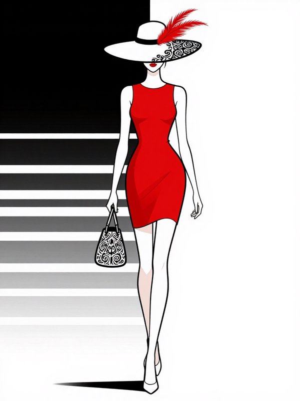 [Elegant fashion illustration of a woman in a red cocktail dress, feathered wide brim hat, holding a patterned handbag]