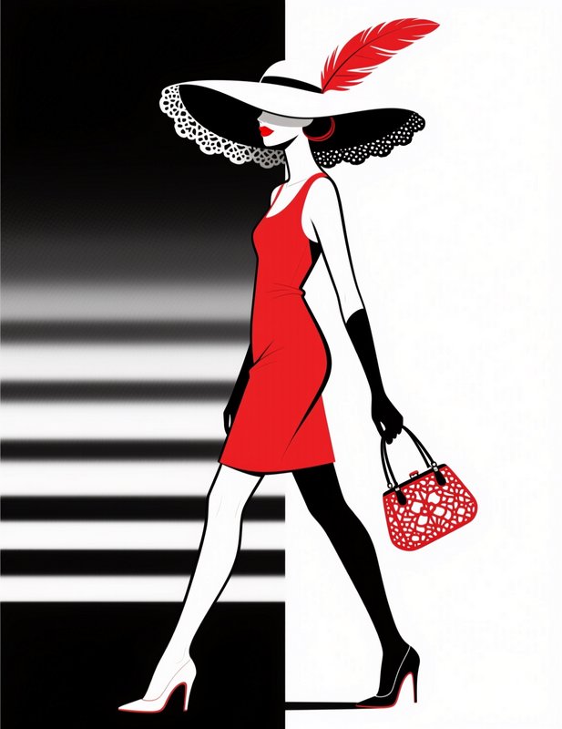 [Stylized minimalist fashion illustration of elegant woman in red dress, wide feathered lace-trimmed hat, walking against ...