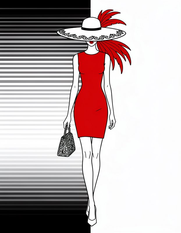 [Line art fashion illustration of elegant woman in red dress, wide feathered hat, holding an ornate patterned handbag]