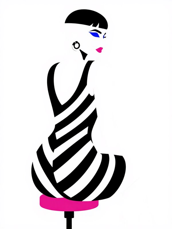 [Minimalist pop art illustration of a fashionable woman in a striped dress seated on a bright pink stool]