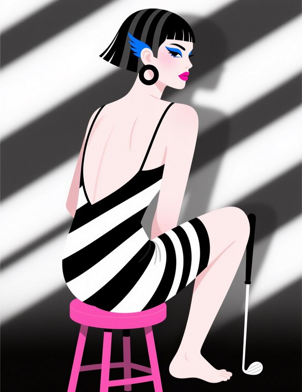 Stylized fashion illustration of a glamorous woman in a striped dress seated on a bright pink stool beside a golf club.