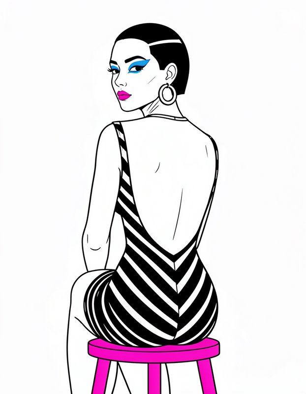 Pop art fashion illustration of a glamorous woman looking over her shoulder while seated on a bright pink stool.