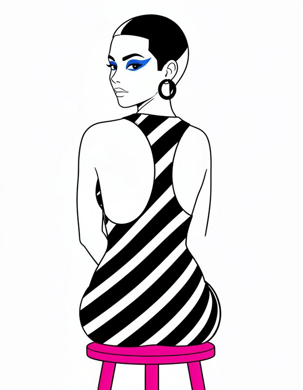 [Fashion illustration of a stylish woman with bold blue eyeshadow in a striped dress, seated on a pink stool looking over ...