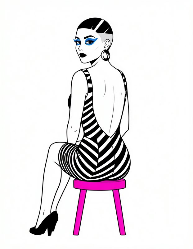 [Pop art line illustration of stylish buzzcut woman in striped dress, sitting on a bright pink stool looking over her shou...