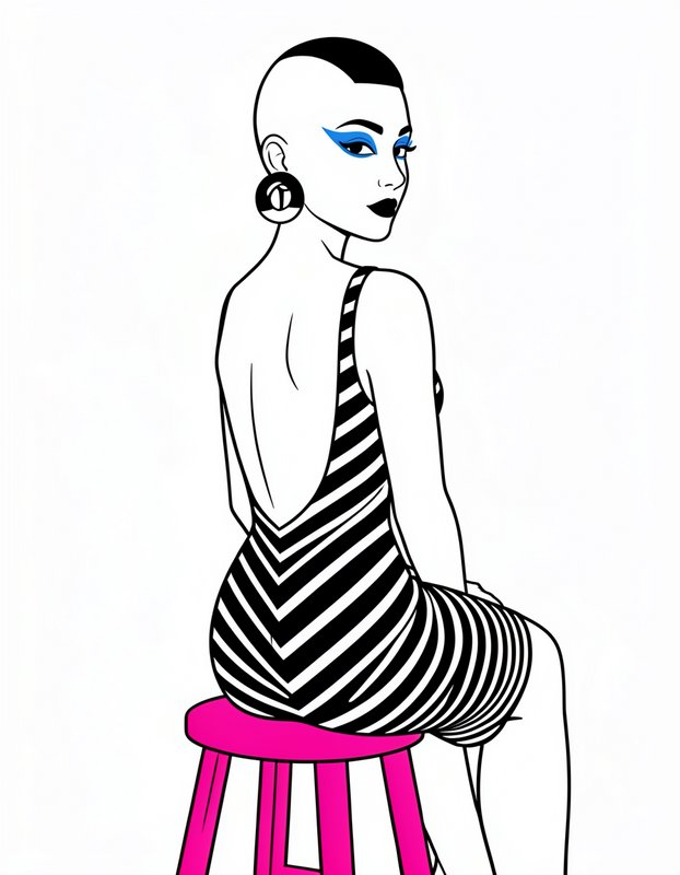 Line art illustration of edgy stylish woman with a shaved undercut, seated on a bright pink stool looking over her shoulde...