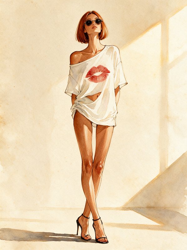 [Watercolor fashion illustration of a chic woman in an oversized lip print tee, sunglasses, and strappy stiletto heels in ...